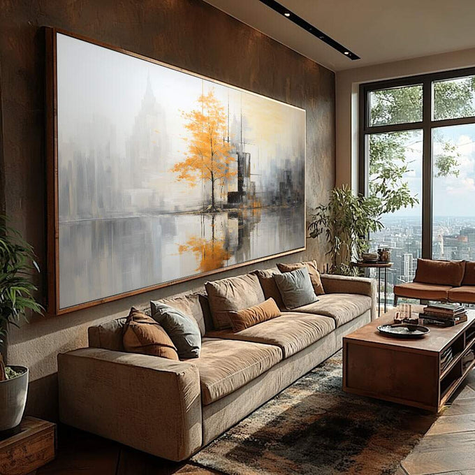 Quadro Decorativo Árvore Laranja Urban Art | quadros decorativos para sala | Árvore dourada entre prédios cinzentos refletida em água calma urbana. | Porao dos Quadros