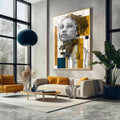Quadro Decorativo - Retrato Feminino Luz e Reflexão | quadros decorativos para sala | Retrato feminino geométrico em amarelo, preto e branco com linhas arquitetônicas | Porao dos Quadros