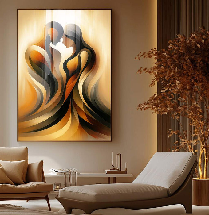 Quadro Decorativo Conexão Abstrata em Cores | quadros decorativos para sala | Figuras abstratas em tons dourados e pretos com camadas fluidas e movimento visual | Porao dos Quadros