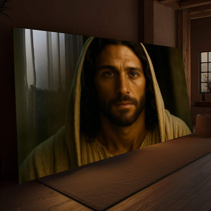 Quadro Decorativo Reflexão com Toque Serene | quadros decorativos para sala | Homem com túnica amarela e barba sobre fundo verde em estilo realista contemplativo | Porao dos Quadros