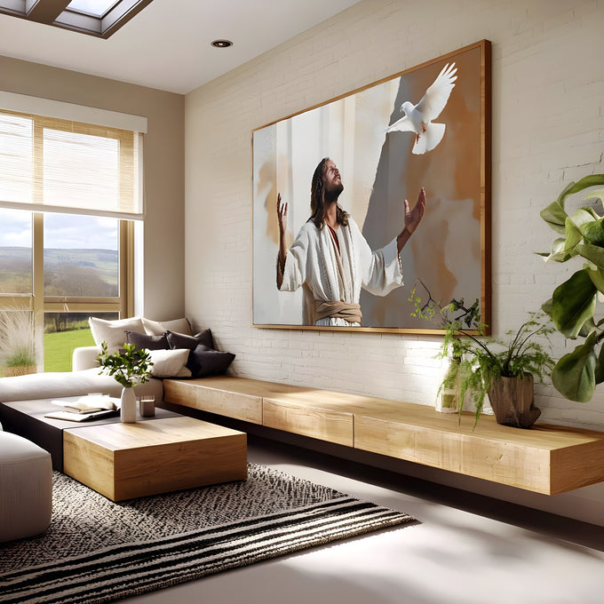 Jesus de braços abertos olhando para pomba branca do Espírito Santo em tons bege, quadro decorativo