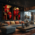 Quadro Decorativo Arte de Rostos Estilizados | quadros decorativos para sala | Máscaras abstratas em vermelho e dourado com composição geométrica moderna e sofisticada | Porao dos Quadros