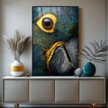 Quadro Decorativo Papagaio Colorido | quadros decorativos para sala | Papagaio em close-up com olho amarelo vibrante, plumagem azul e verde em realismo fotográfico | Porao dos Quadros