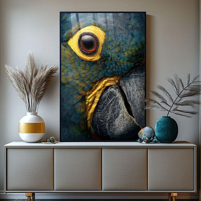 Quadro Decorativo Papagaio Colorido | quadros decorativos para sala | Papagaio em close-up com olho amarelo vibrante, plumagem azul e verde em realismo fotográfico | Porao dos Quadros