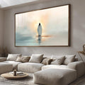 Quadro Decorativo Reflexo Etéreo | quadros decorativos para sala | Figura em branco na água sob amanhecer dourado com neblina azulada ao fundo | Porao dos Quadros