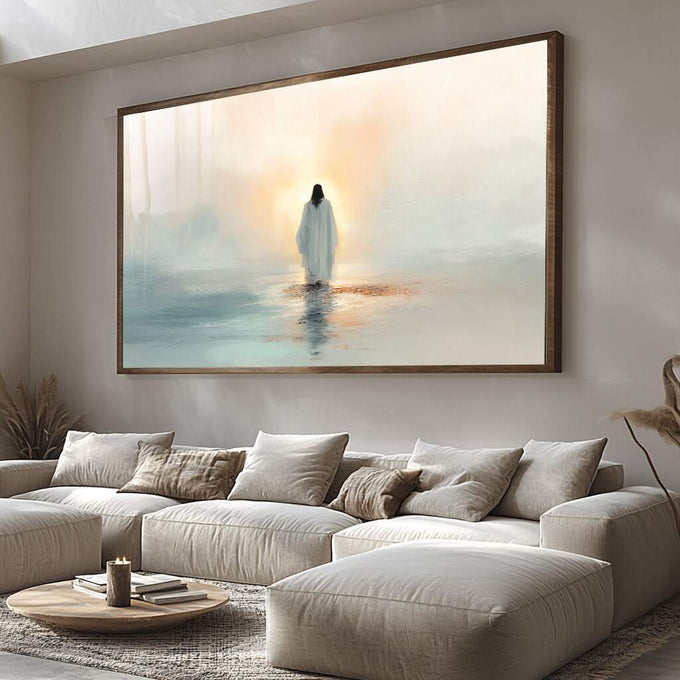 Quadro Decorativo Reflexo Etéreo | quadros decorativos para sala | Figura em branco na água sob amanhecer dourado com neblina azulada ao fundo | Porao dos Quadros