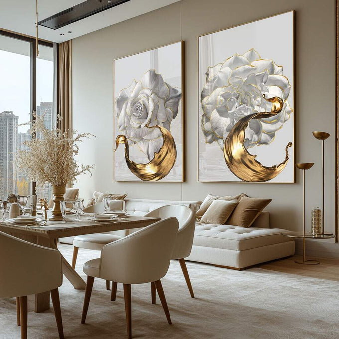 Quadro Decorativo: Sinfonia Floral em Tons Pastéis | quadros decorativos para sala | Rosas brancas volumosas com detalhes fluindo em dourado metálico em composição realista e luxuosa | Porao dos Quadros