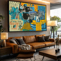 Quadro Decorativo Socialismo e Riqueza | quadros decorativos para sala | Personagem preto com moedas douradas sobre fundo azul com padrões e símbolos geométricos. | Porao dos Quadros