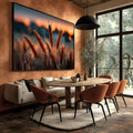 Espigas de trigo em contraluz com fundo desfocado laranja do pôr do sol, quadro decorativo