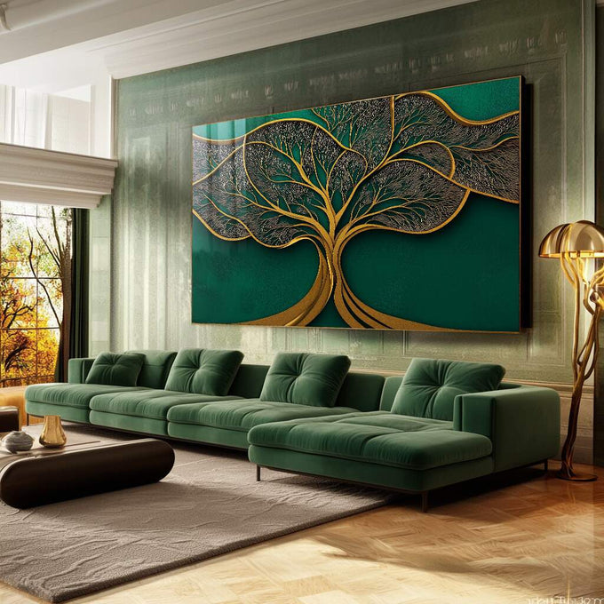 Quadro Decorativo - Árvore Dourada Elegante | quadros decorativos para sala | Árvore dourada intricada com folhas delicadas em fundo verde profundo e luxuoso | Porao dos Quadros