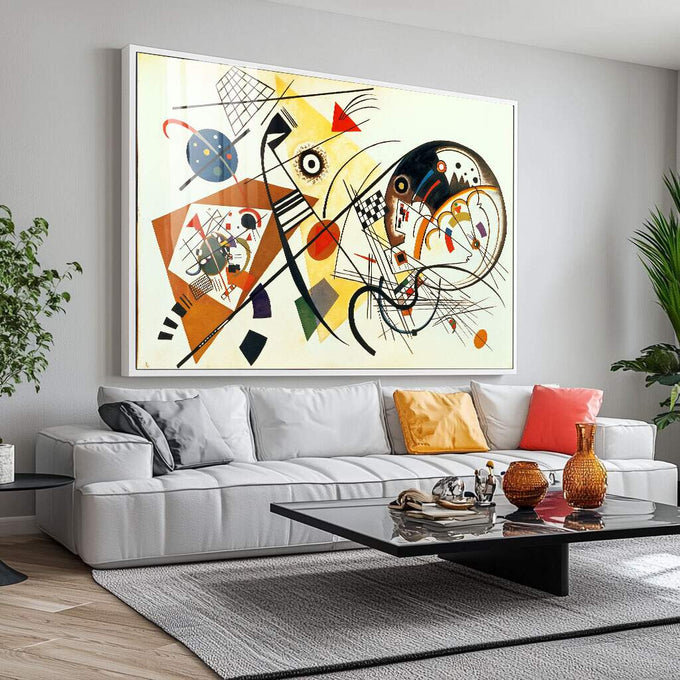 Quadro Decorativo - Energia Minimalista Vibrante | quadros decorativos para sala | Composição geométrica abstrata com círculos, triângulos e linhas em amarelo, laranja e preto | Porao dos Quadros