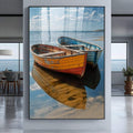 Quadro Decorativo Harmonia de Cores Náuticas | quadros decorativos para sala | Três barcos coloridos flutuando em água cristalina com reflexo perfeito e céu azul ao fundo. | Porao dos Quadros