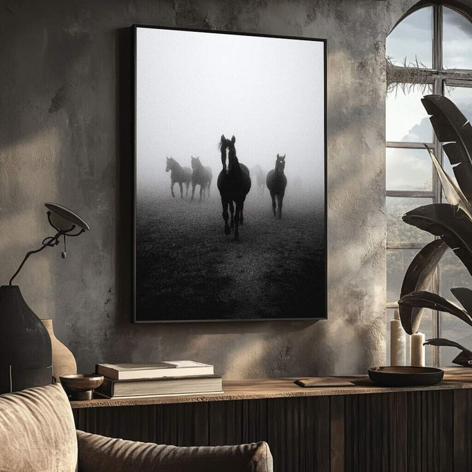 Quadro Decorativo Sofisticado Cavalos em Neblina | quadros decorativos para sala | Cavalos em névoa em preto e branco com atmosfera cinematográfica e profundidade | Porao dos Quadros