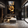 Quadro Decorativo Elegância Dourada Floral | quadros decorativos para sala | Rosa dourada com borboleta em fundo preto, iluminada com luz radiante e partículas flutuantes | Porao dos Quadros