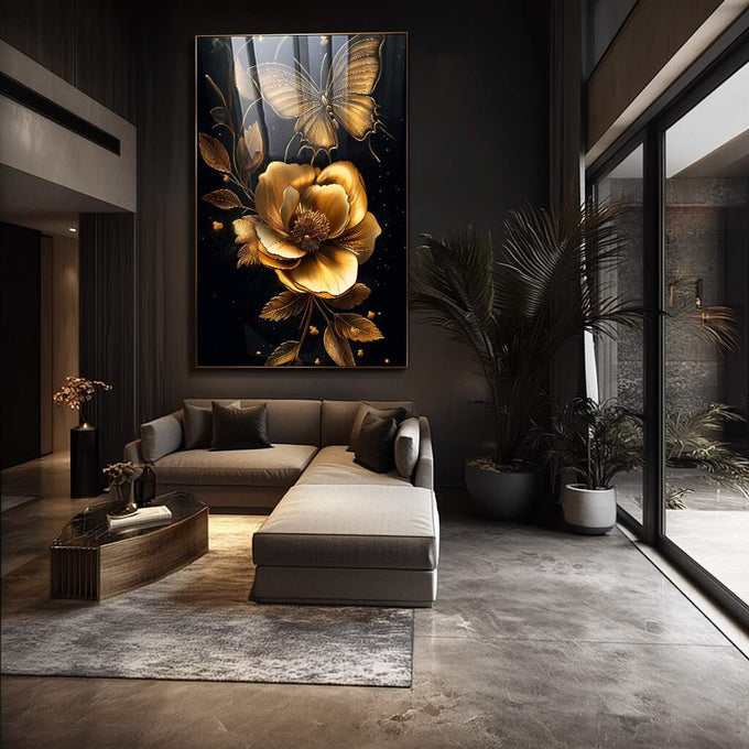 Quadro Decorativo Elegância Dourada Floral | quadros decorativos para sala | Rosa dourada com borboleta em fundo preto, iluminada com luz radiante e partículas flutuantes | Porao dos Quadros
