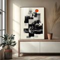 Quadro Decorativo Minimalista Moderno | quadros decorativos para sala | Colagem urbana com busto clássico, edifícios e círculo vermelho vibrante em tons preto e branco. | Porao dos Quadros