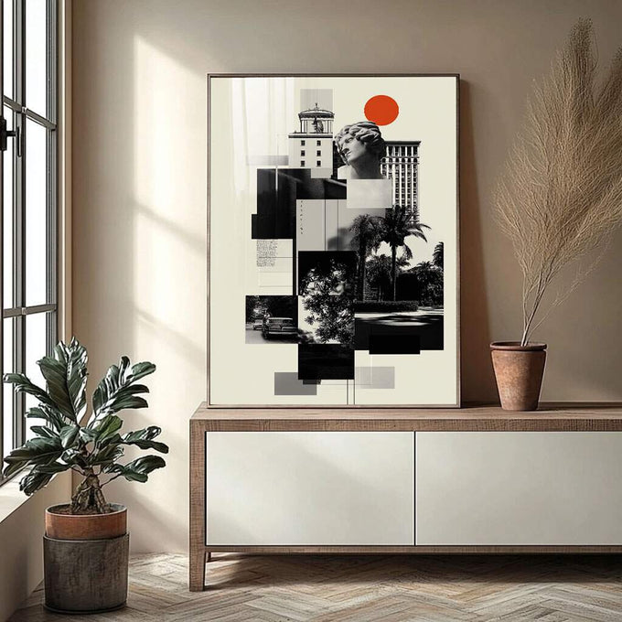 Quadro Decorativo Minimalista Moderno | quadros decorativos para sala | Colagem urbana com busto clássico, edifícios e círculo vermelho vibrante em tons preto e branco. | Porao dos Quadros
