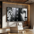 Quadro Decorativo: Força e Serenidade | quadros decorativos para sala | Leão majestoso e rosto humano em preto e branco com painel geométrico centralizado | Porao dos Quadros