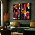 Quadro Decorativo Abstrato Vibrante | quadros decorativos para sala | Dois painéis abstratos com formas geométricas em laranja, roxo, preto e tons neutros com flores estilizadas | Porao dos Quadros