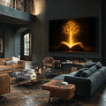 Quadro Decorativo da Luz do Conhecimento | quadros decorativos para sala | Livro aberto com árvore dourada luminosa emergindo sobre fundo preto brilhante | Porao dos Quadros