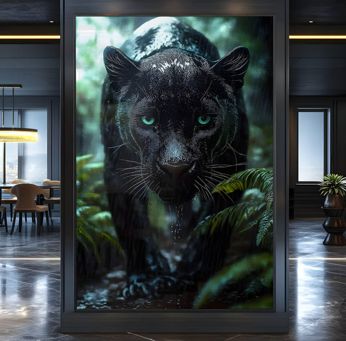 Pantera negra de olhos turquesa entre folhagens da selva sob chuva, quadro decorativo