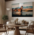 Quadro Decorativo: Cavalos Liberdade em Movimento | quadros decorativos para sala | Cavalos em galope explosivo através de água com luz dourada refletida | Porao dos Quadros