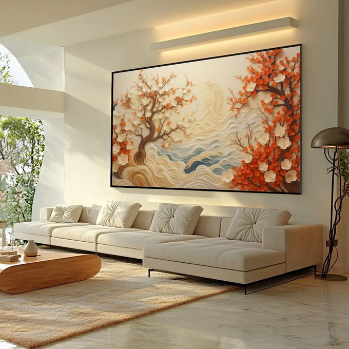Quadro Decorativo Natureza em Flor | quadros decorativos para sala | Árvores floridas em relevo com tons laranja e bege sobre paisagem ondulada texturizada | Porao dos Quadros