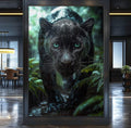 Quadro Decorativo Jagua ? A Elegância da Natureza em Sua Parede | quadros decorativos para sala | Pantera preta com olhos turquesa vibrantes em floresta verde e úmida, composição realista | Porao dos Quadros