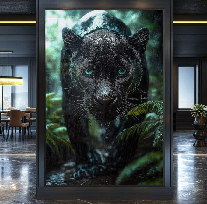 Quadro Decorativo Jagua ? A Elegância da Natureza em Sua Parede | quadros decorativos para sala | Pantera preta com olhos turquesa vibrantes em floresta verde e úmida, composição realista | Porao dos Quadros