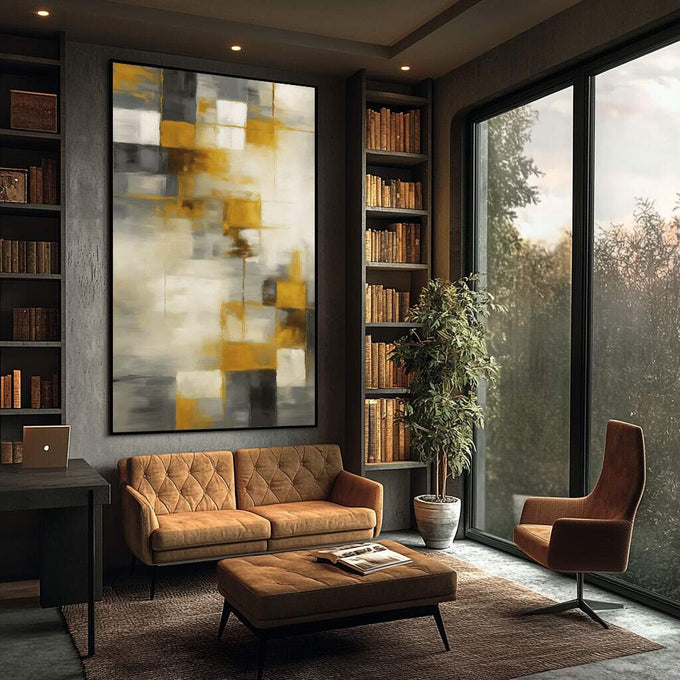 Quadro Decorativo Abstrato Moderno | quadros decorativos para sala | Composição abstrata com blocos de amarelo, cinza e branco em movimento visual equilibrado | Porao dos Quadros