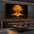 Quadro Decorativo Árvore do Conhecimento | quadros decorativos para sala | Árvore dourada incandescente brotando de livro aberto com folhas voando contra fundo preto | Porao dos Quadros