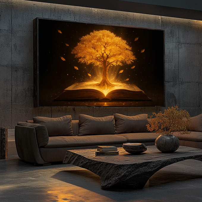 Quadro Decorativo Árvore do Conhecimento | quadros decorativos para sala | Árvore dourada incandescente brotando de livro aberto com folhas voando contra fundo preto | Porao dos Quadros