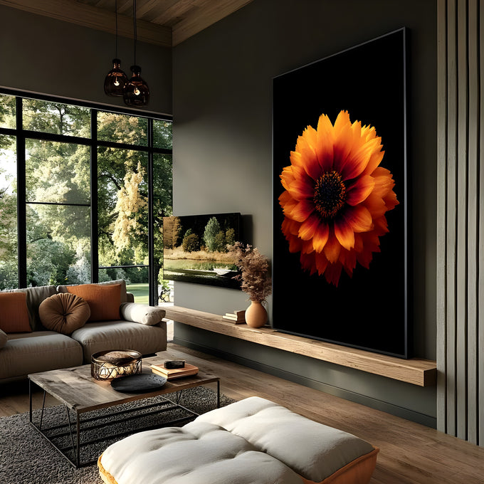 Flor laranja e vermelha de miolo escuro com pétalas em degradê sobre fundo preto, quadro decorativo