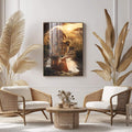 Quadro Decorativo Leão Jovem em Majestade | quadros decorativos para sala | Leoa bebendo água ao entardecer dourado com savana ao fundo em composição realista. | Porao dos Quadros