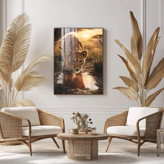 Quadro Decorativo Leão Jovem em Majestade | quadros decorativos para sala | Leoa bebendo água ao entardecer dourado com savana ao fundo em composição realista. | Porao dos Quadros