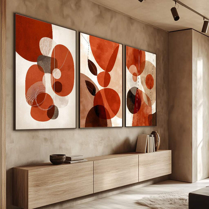 Quadro Decorativo Harmonia Quente | quadros decorativos para sala | Composição abstrata com círculos vermelhos, marrons e bege em sobreposição geométrica. | Porao dos Quadros