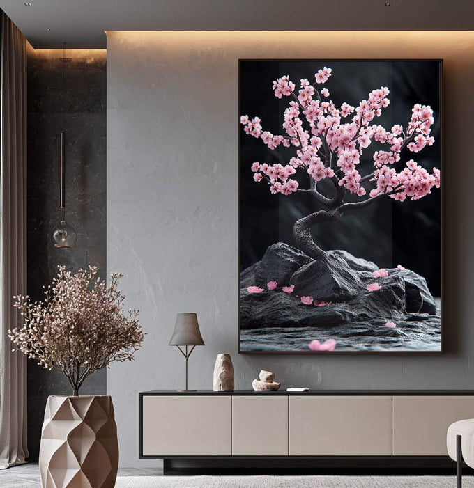 Quadro Decorativo Árvore da Vida com Pétalas Rosas Harmonia e Beleza | quadros decorativos para sala | Árvore com flores rosa vibrantes em ramo preto sobre rochas cinzentas e fundo escuro | Porao dos Quadros