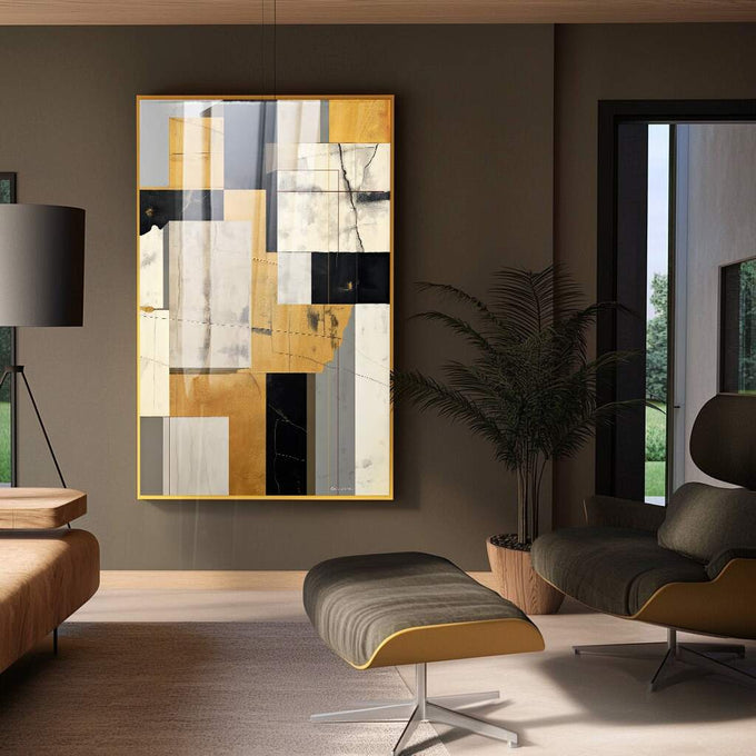Quadro Decorativo Minimalista Dourado e Preto | quadros decorativos para sala | Composição geométrica com blocos fragmentados em dourado, preto e bege com moldura dourada | Porao dos Quadros