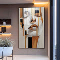 Rosto de mulher de olhos fechados em blocos geométricos brancos, dourados e pretos, quadro decorativo