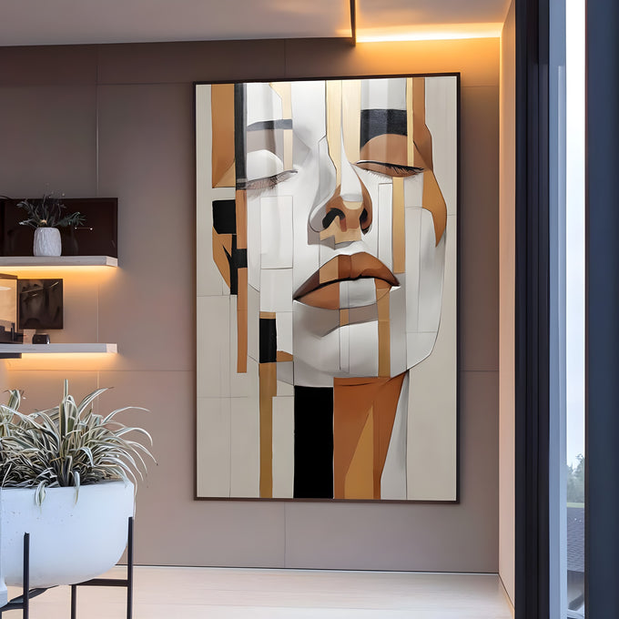 Rosto de mulher de olhos fechados em blocos geométricos brancos, dourados e pretos, quadro decorativo