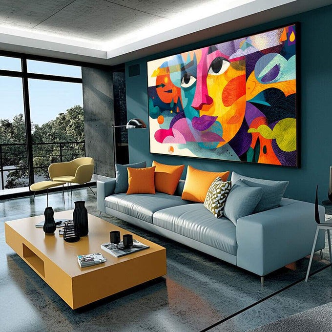 Quadro Decorativo - Retrato Abstrato da Emoção Vibrante | quadros decorativos para sala | Rosto abstrato com cores vibrantes em pop art com texturas geométricas e olhos expressivos. | Porao dos Quadros