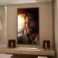 Quadro Decorativo Reflexão Serene | quadros decorativos para sala | Retrato de homem com barba iluminado pela luz quente do entardecer em composição realista | Porao dos Quadros