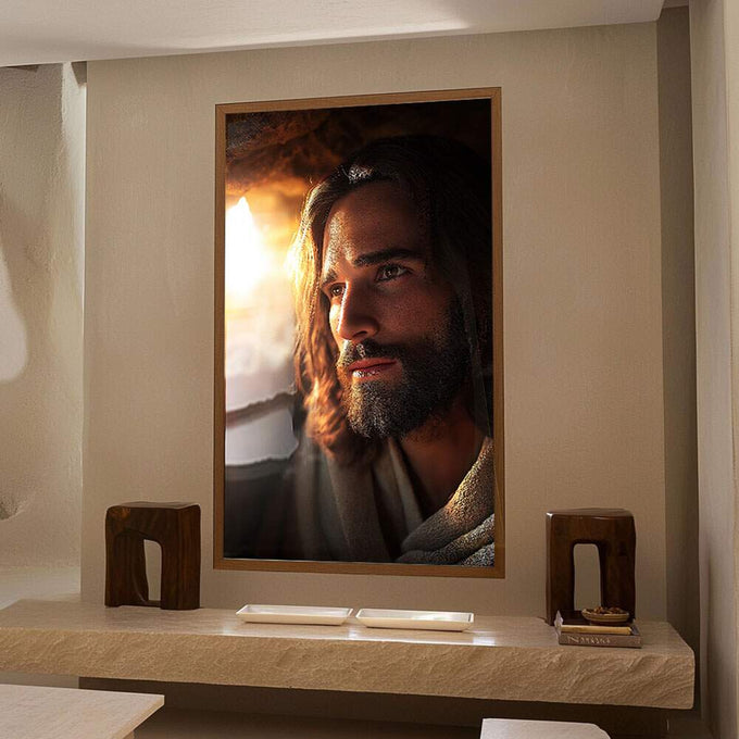 Quadro Decorativo Reflexão Serene | quadros decorativos para sala | Retrato de homem com barba iluminado pela luz quente do entardecer em composição realista | Porao dos Quadros