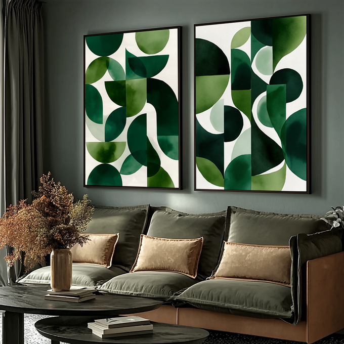 Quadro Decorativo Geometria Verde | quadros decorativos para sala | Composição abstrata com formas geométricas em múltiplos tons de verde sobre fundo branco | Porao dos Quadros