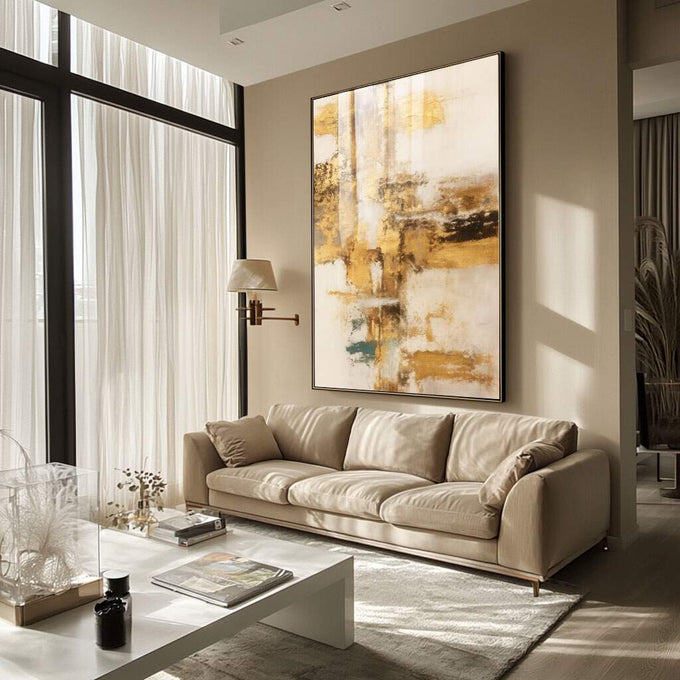 Quadro Decorativo Brilho em Abstrato | quadros decorativos para sala | Pintura abstrata vertical com camadas de dourado, bege e tons terrosos em composição fluida | Porao dos Quadros