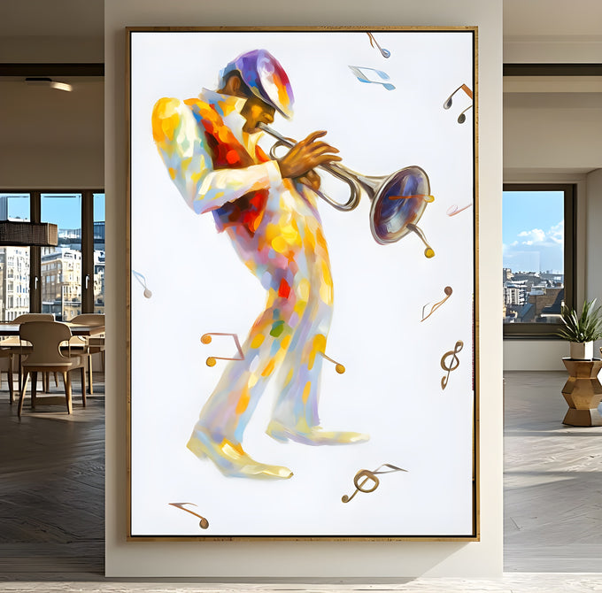 Trompetista de jazz em pinceladas coloridas com notas musicais sobre fundo branco, quadro decorativo