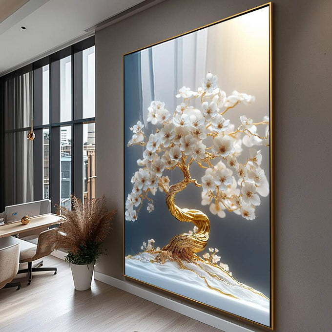 Quadro Decorativo Elegância Natural Dourada | quadros decorativos para sala | Árvore em dourado brilhante com flores brancas em detalhe fotográfico e pétalas iluminadas | Porao dos Quadros