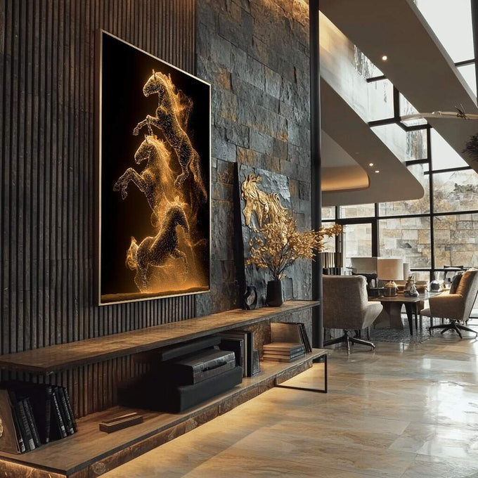Quadro Decorativo Cavalos Dourados em Movimento | quadros decorativos para sala | Cavalos em rearing pose resplandecendo em dourado luminoso contra fundo preto intenso | Porao dos Quadros