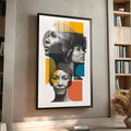 Quadro Decorativo Retratos da Força Feminina | quadros decorativos para sala | Três perfis femininos em preto e branco com blocos de cores vibrantes em amarelo, azul e laranja | Porao dos Quadros