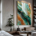Arte abstrata em mármore fluido verde esmeralda com veios e glitter dourado, quadro decorativo
